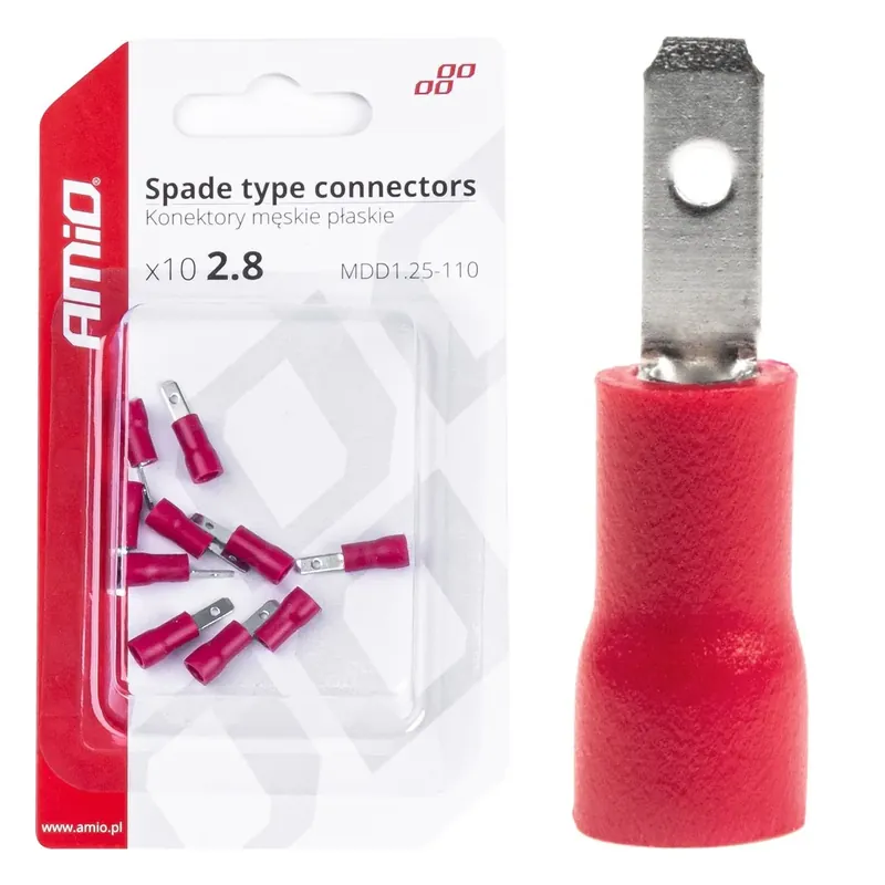 Konektory izolowane męskie płaskie 2.8mm 0.5-1.5mm2 10A 10 szt. AMIO-03064 Dostępne od ręki