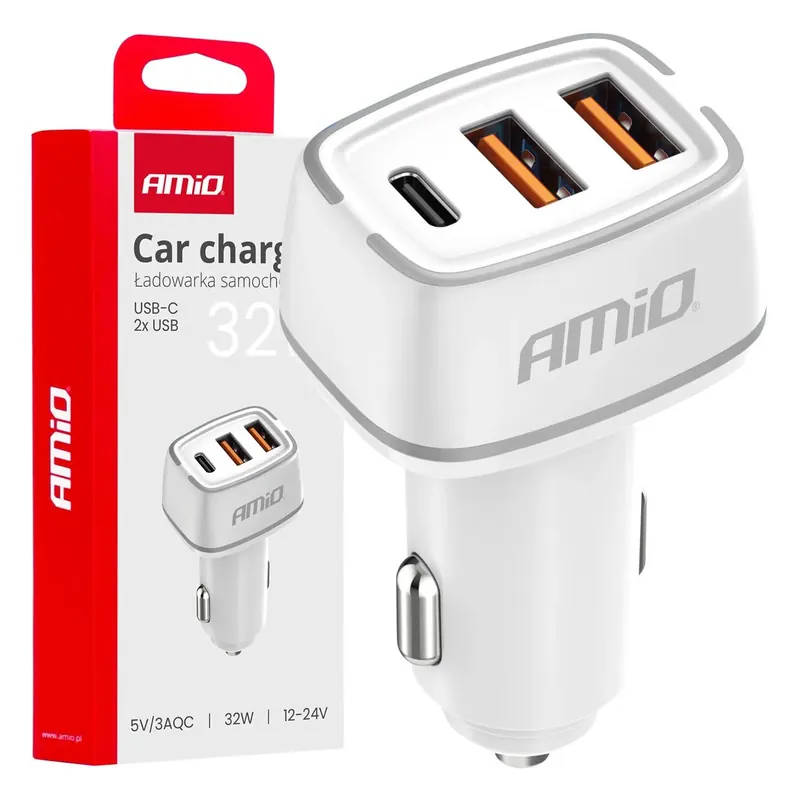 Ładowarka samochodowa 2x USB-A + USB-C 32W AMIO-03890 Tylko do końca tygodnia