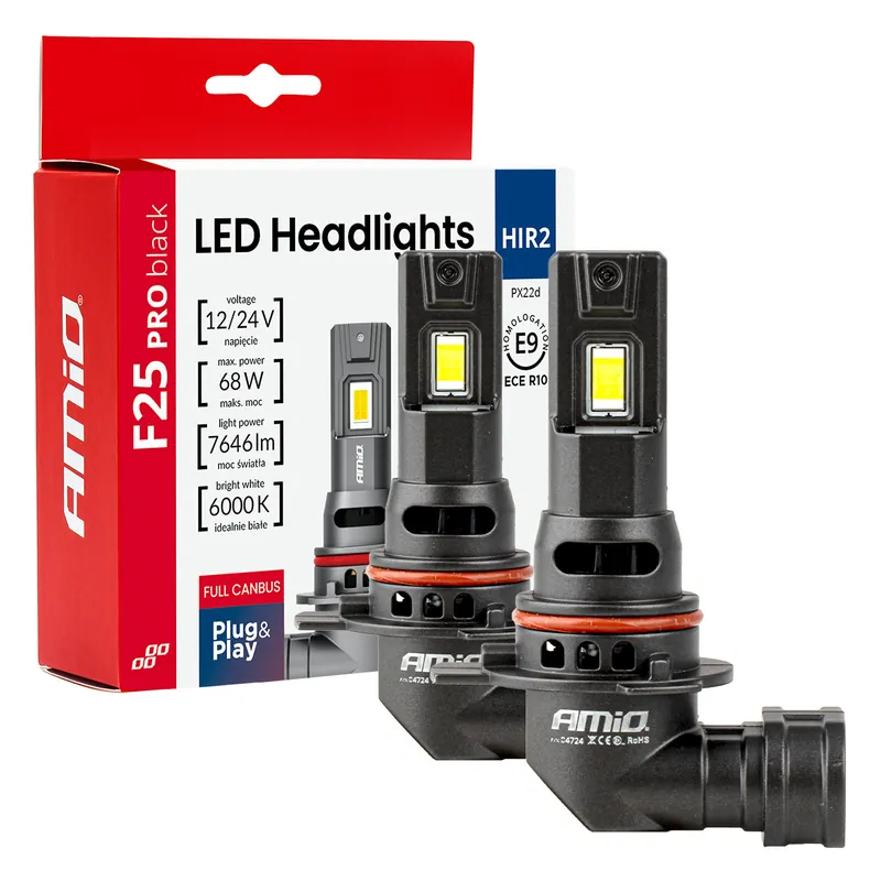 Żarówki samochodowe LED seria F25 PRO BLACK FULL CANBUS HIR2 68W 12V 24V AMIO-04724 Nie przegap
