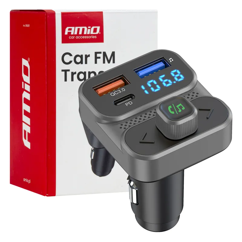 Cena promocyjna Transmiter samochodowy FM 2×USB-A 1×USB 12V 24V AMIO-04649